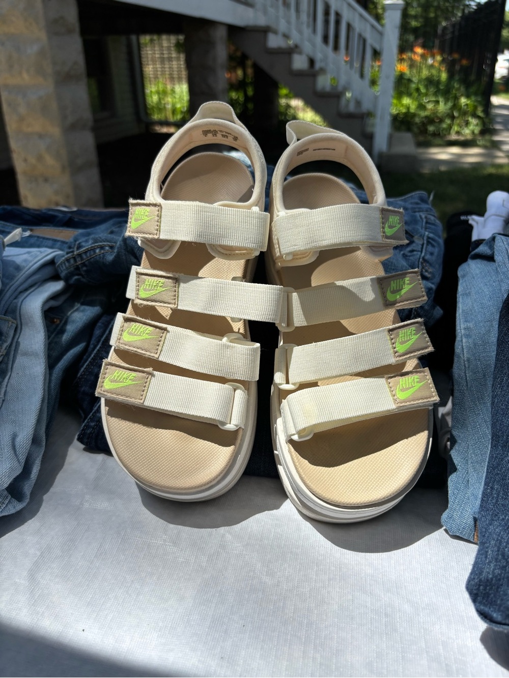 Nike Women’s Platform Sandals in Cream with Neon Green Accents - Picture 2 of 3